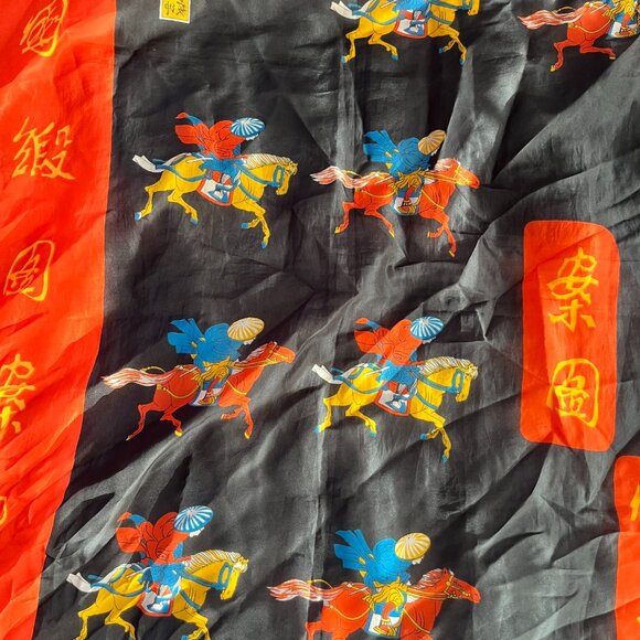 Vintage Equestrian Themed Orange And Black Chinese Silk Scarf EUC - Picture 2 of 2